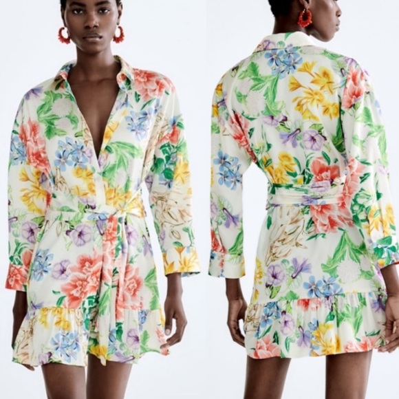 ZARA Long Sleeve Floral Button Down Dress with Front Tie Bow Satin Like Material - Picture 3 of 10